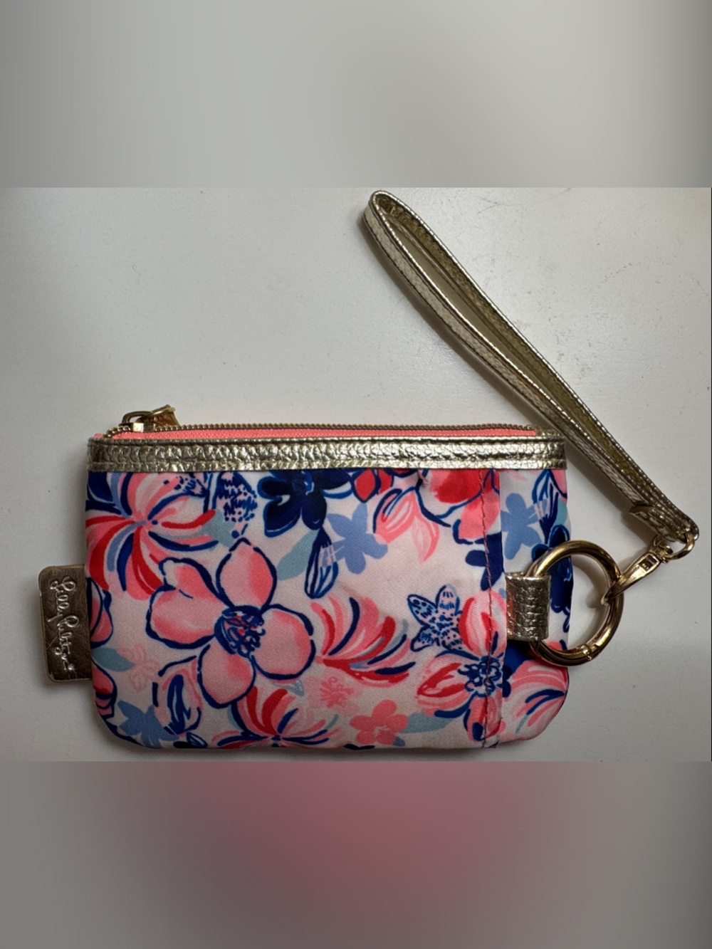 Lilly Pulitzer Pink Navy Floral Wristlet with Gold Strap